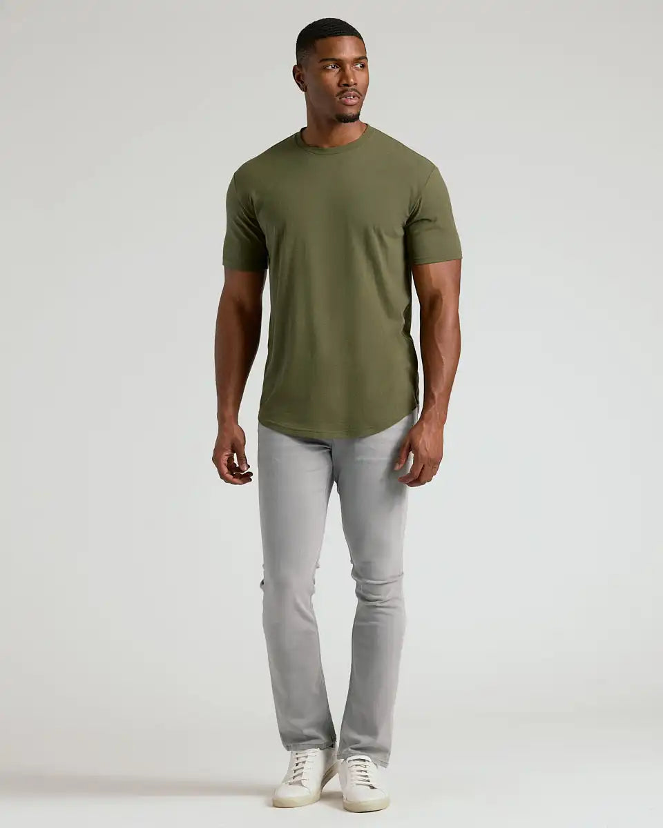 Military Green Short Sleeve Tall Curved Hem Crew