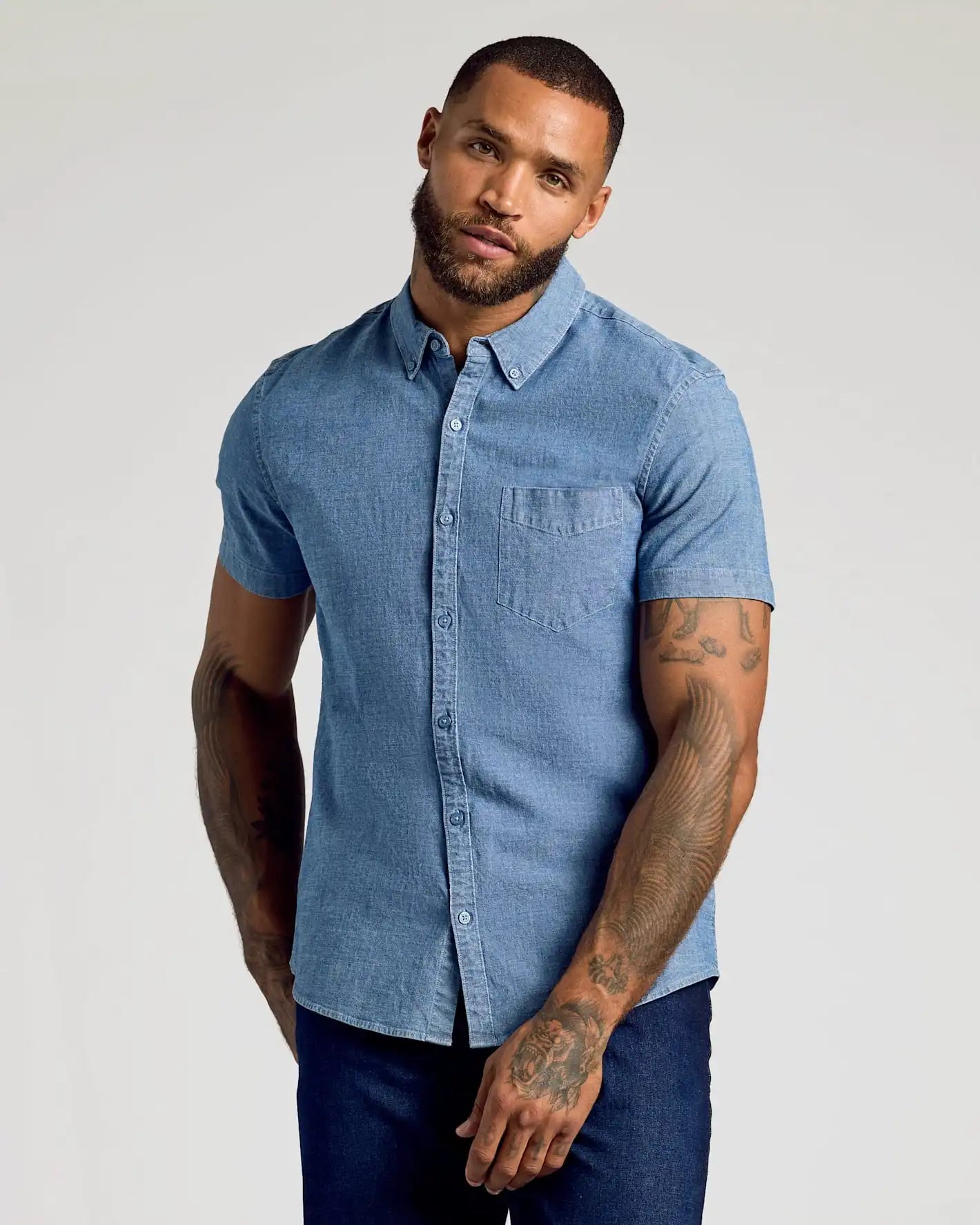 Light Indigo Wash Short Sleeve Stretch Chambray Shirt