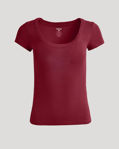 Womens Dark Maroon Ribbed U-Neck Tee