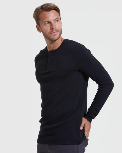Black Waffle Long Sleeve Henley 3-Pack
