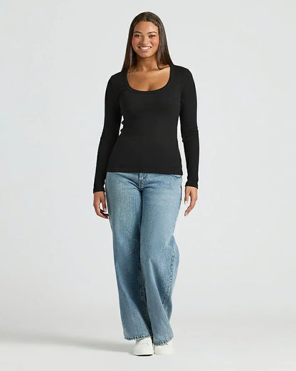 Womens Black Ribbed Long Sleeve Scoop Neck Tee