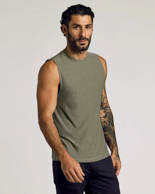 Heather Military Green Sleeveless Active Muscle Tee