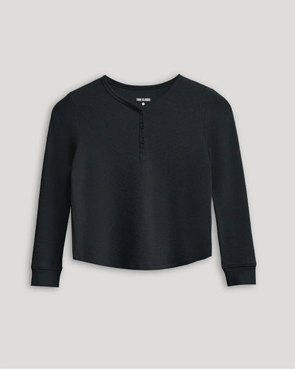 Girls Black Long Sleeve Boxy Waffle Henley