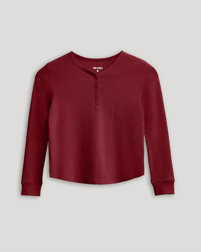 Girls Dark Maroon Long Sleeve Boxy Waffle Henley