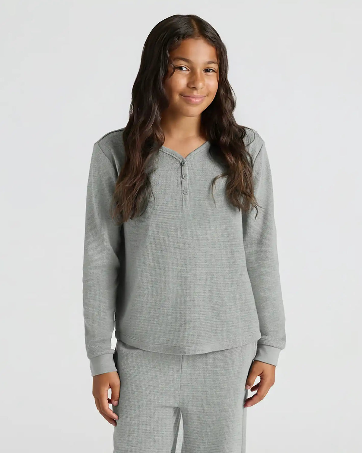 Girls Heather Gray Long Sleeve Boxy Waffle Henley