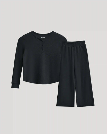 Girls Black Waffle Long Sleeve Henley & Waffle Leg Pants 2-Pack
