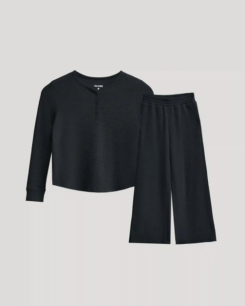 Girls Black Waffle Long Sleeve Henley & Waffle Leg Pants 2-Pack