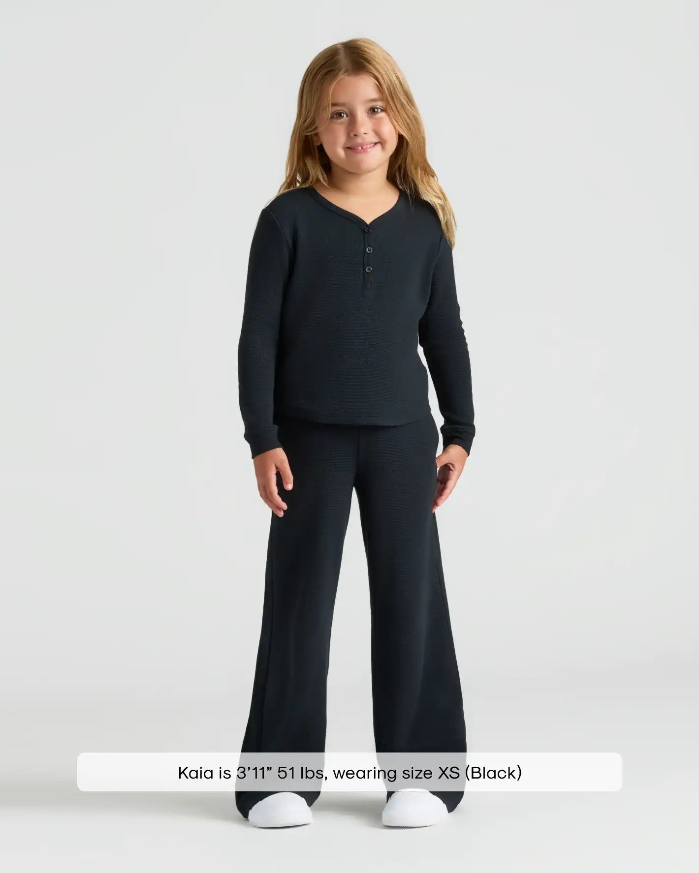 Girls Black Waffle Long Sleeve Henley & Waffle Leg Pants 2-Pack