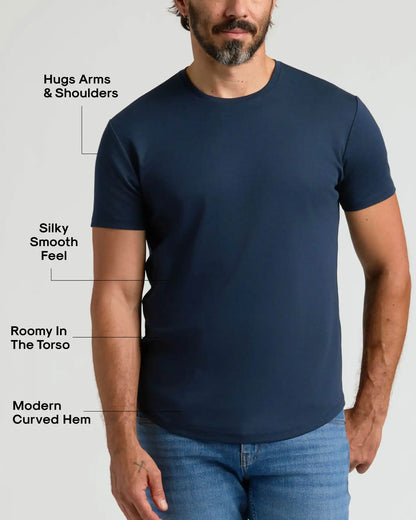 Navy Pima Cotton Blend Curved Hem Crew