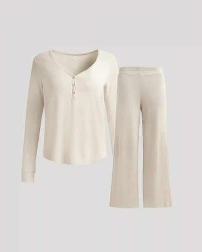 Womens Oatmeal Waffle Long Sleeve Henley & Waffle Leg Pant 2-Pack