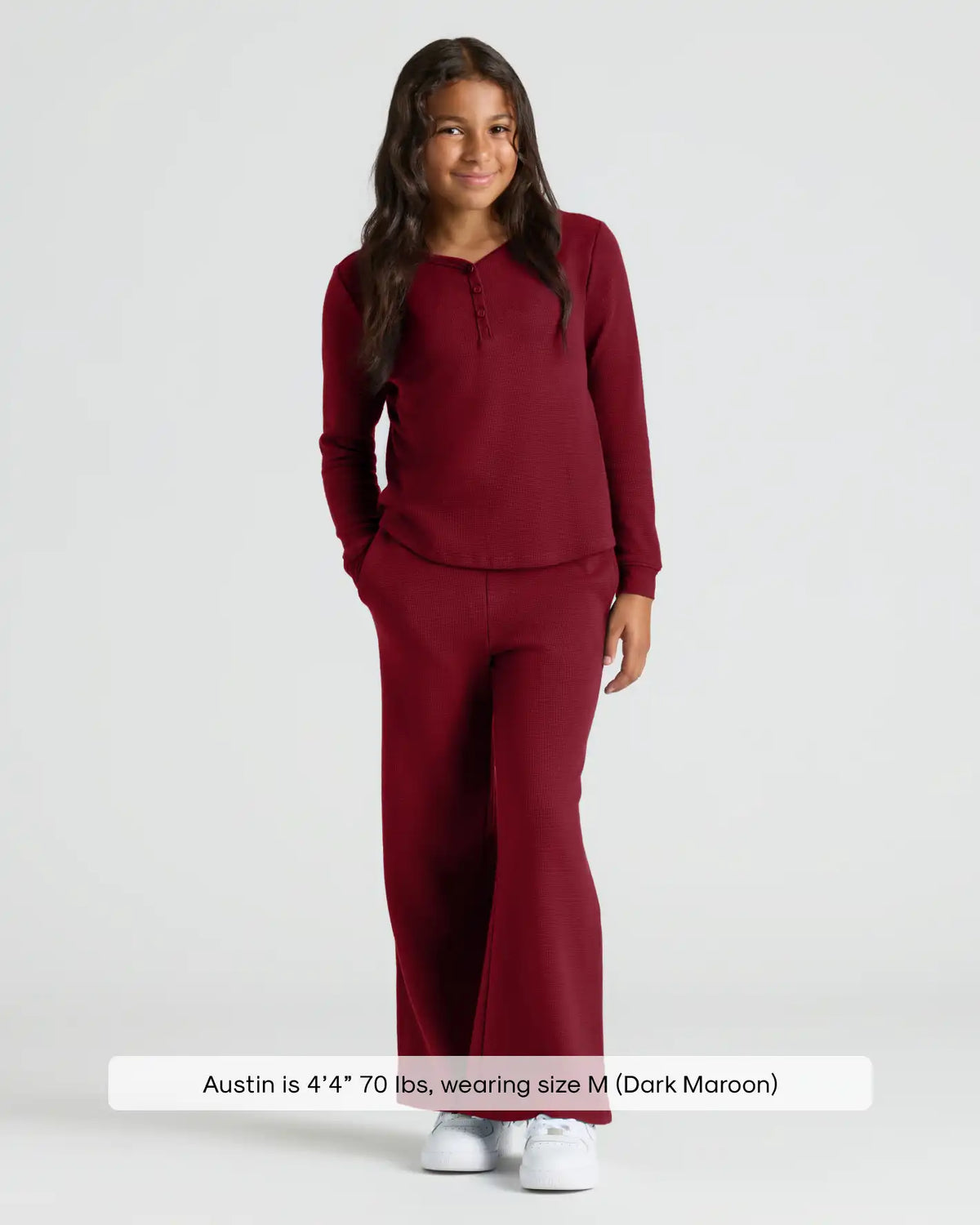 Girls Dark Maroon Waffle Wide Leg Pants