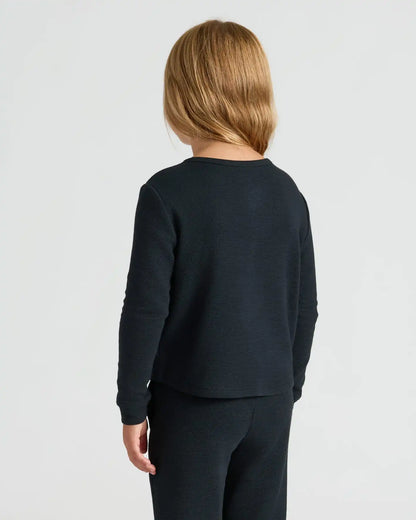 Girls Black Long Sleeve Boxy Waffle Henley
