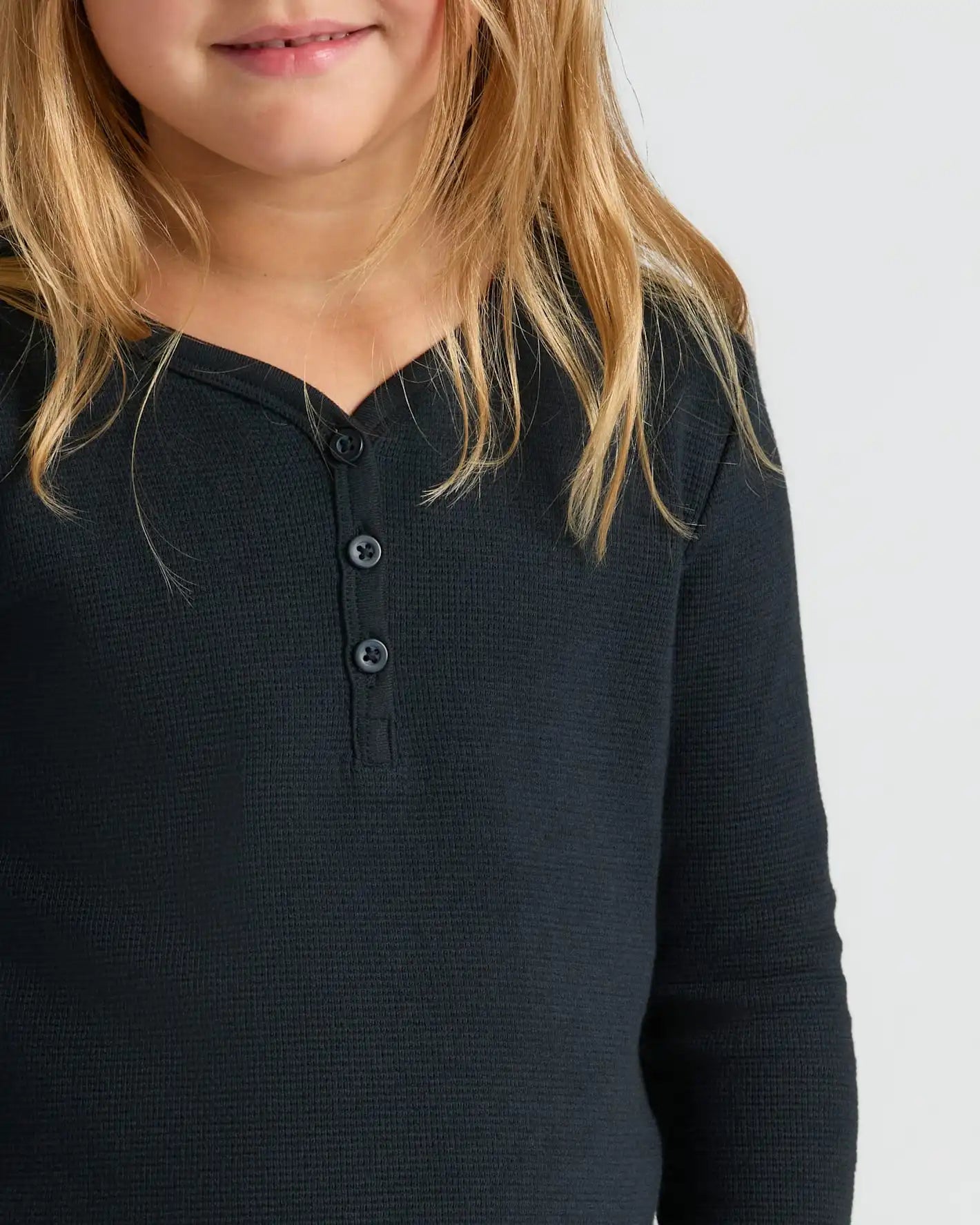 Girls Black Long Sleeve Boxy Waffle Henley