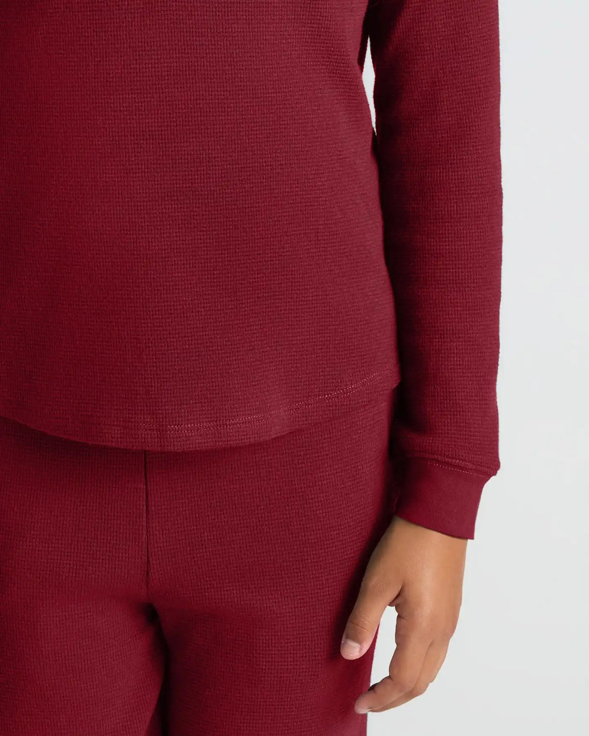 Girls Dark Maroon Long Sleeve Boxy Waffle Henley