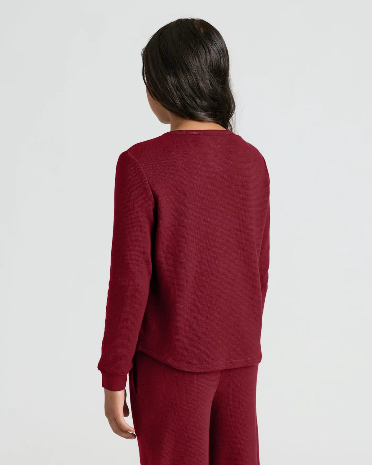 Girls Dark Maroon Long Sleeve Boxy Waffle Henley