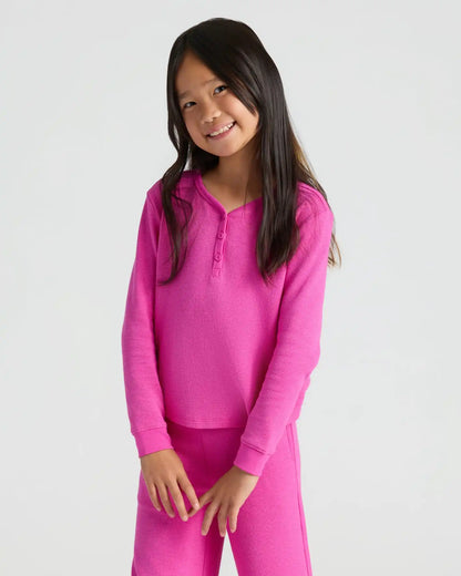 Girls Electric Fuchsia Waffle Long Sleeve Henley & Waffle Leg Pants 2-Pack
