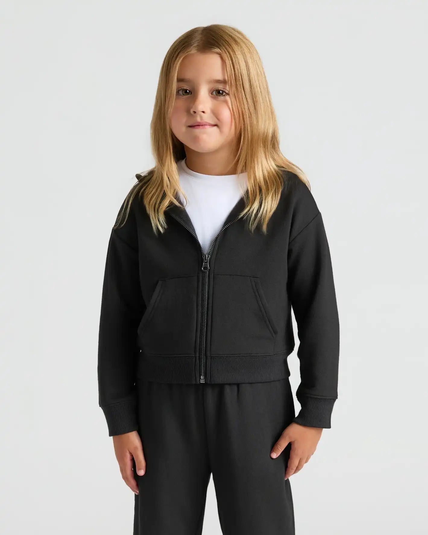 Girls Black Cropped Zip Hoodie