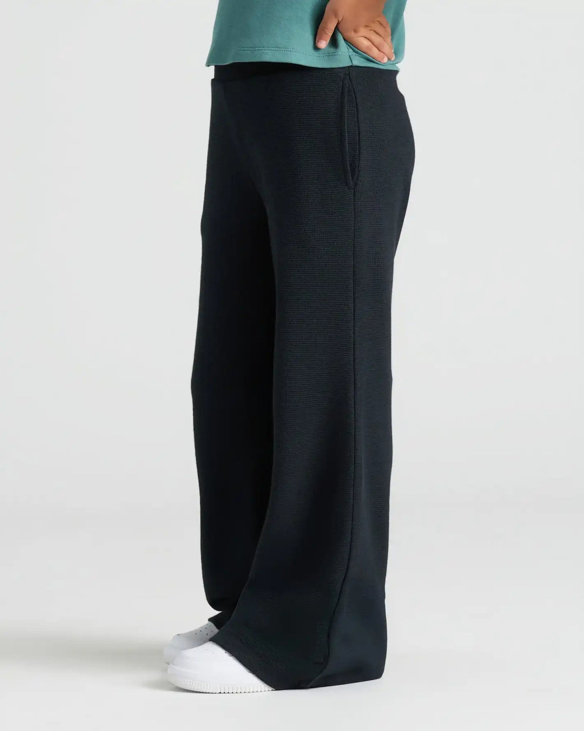 Girls Black Waffle Wide Leg Pants