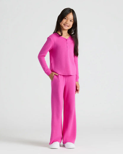 Girls Electric Fuchsia Waffle Long Sleeve Henley & Waffle Leg Pants 2-Pack