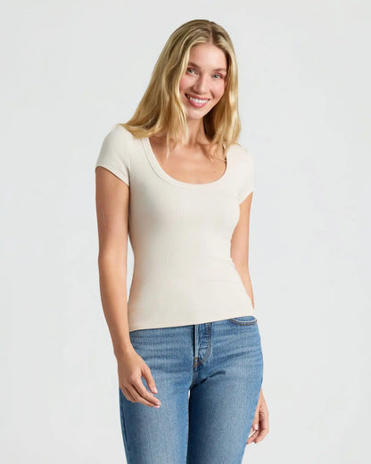 Womens Oatmeal Ribbed U-Neck Tee