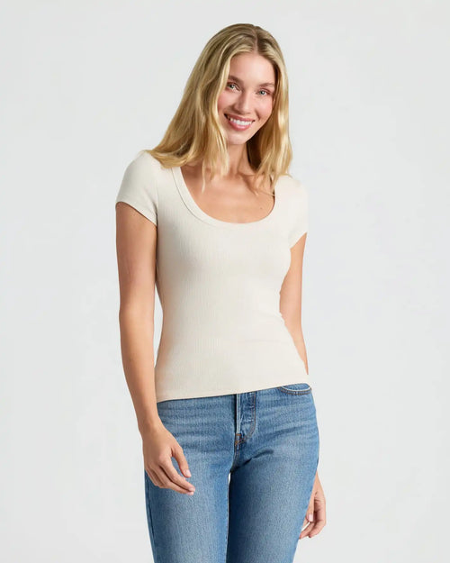 Womens Oatmeal Ribbed U-Neck Tee