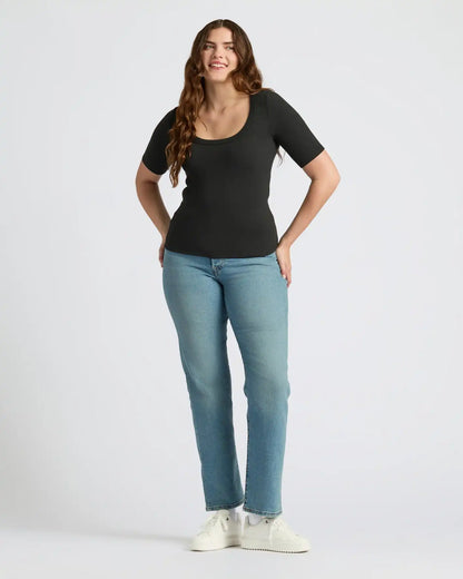 Womens Black Ribbed 3/4 Sleeve Scoop Neck Tee