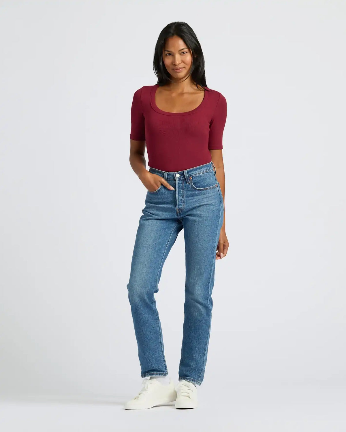 Womens Dark Maroon Ribbed 3/4 Sleeve Scoop Neck Tee
