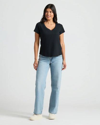 Womens Black Relaxed Slub V-Neck Tee