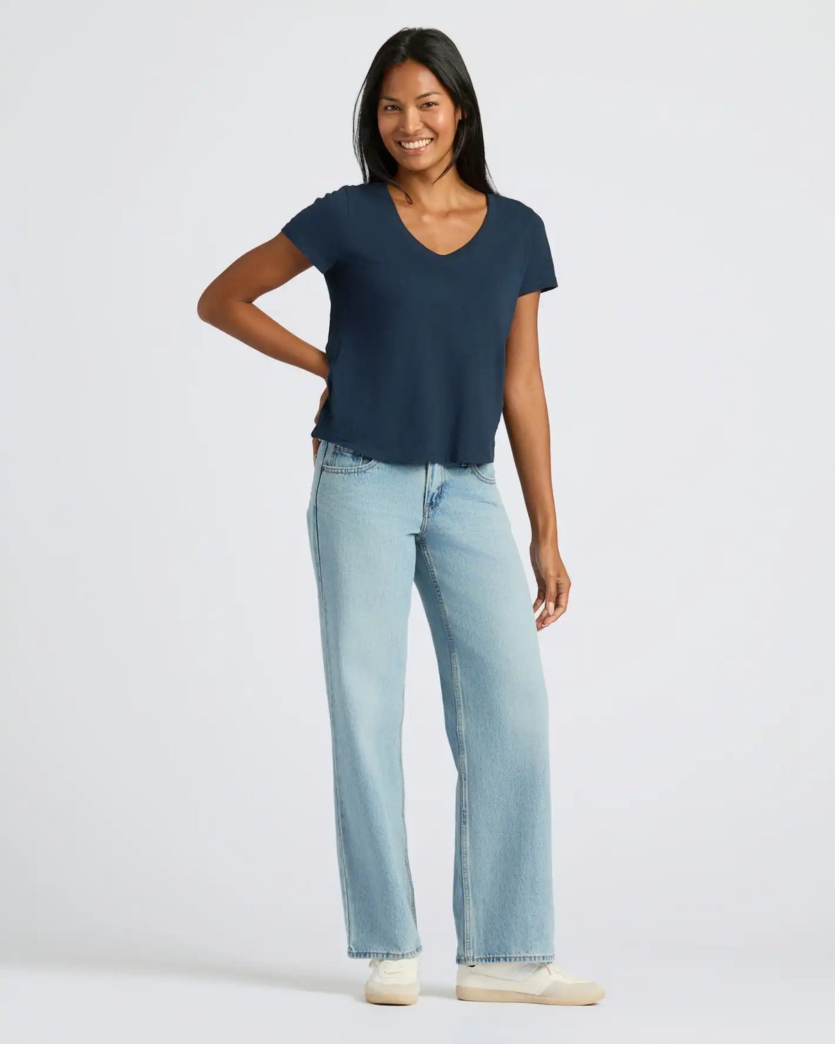 Womens Navy Relaxed Slub V-Neck Tee