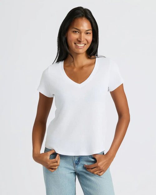 Womens White Relaxed Slub V-Neck Tee