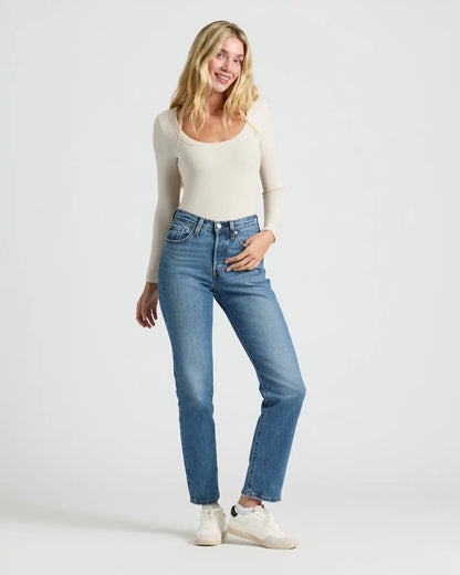 Womens Oatmeal Ribbed Long Sleeve Scoop Neck Tee