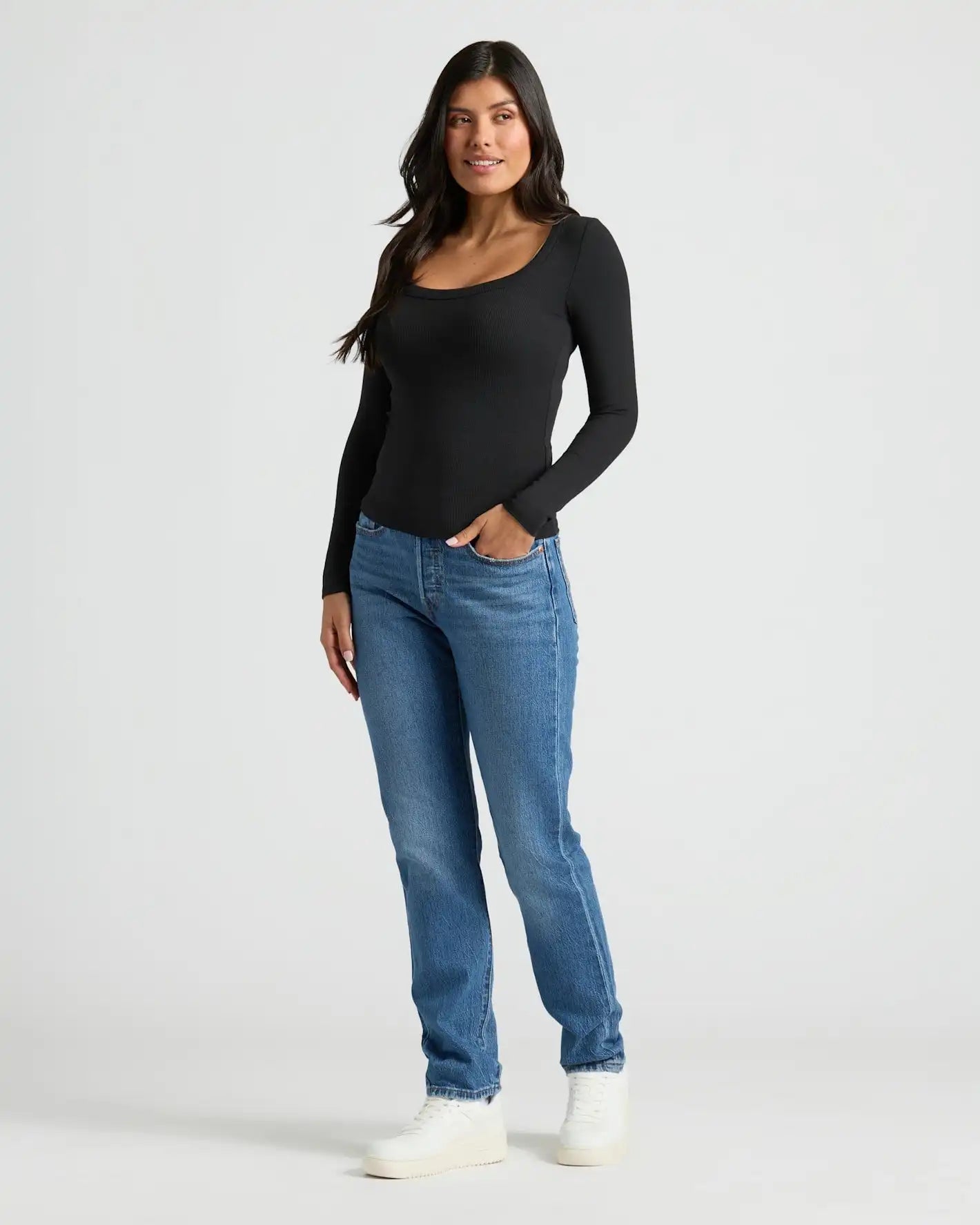 Womens Black Ribbed Long Sleeve Scoop Neck Tee