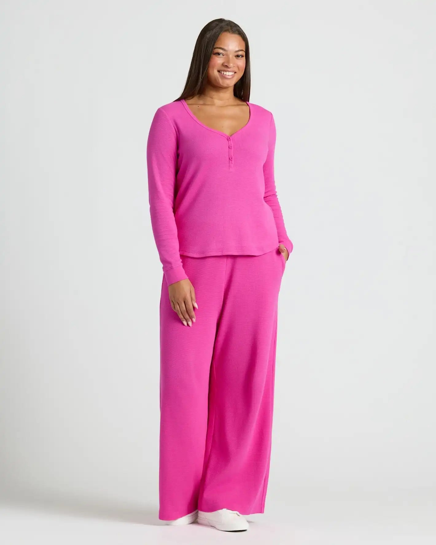 Womens Electric Fuchsia Waffle Long Sleeve Boxy Henley