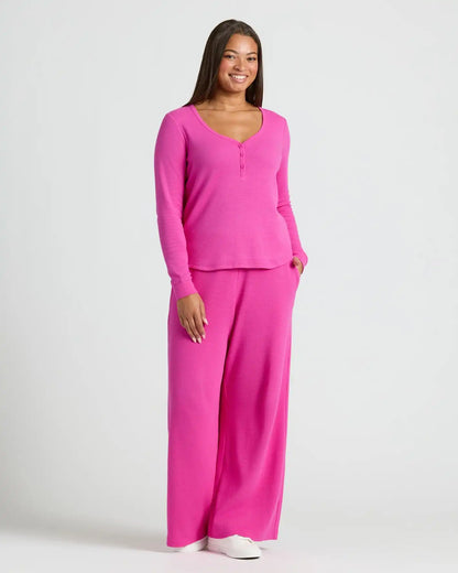 Womens Electric Fuchsia Waffle Long Sleeve Boxy Henley