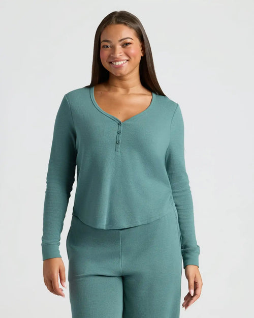 Womens Stormcloud Waffle Long Sleeve Boxy Henley