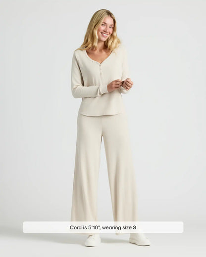 Womens Oatmeal Waffle Long Sleeve Henley & Waffle Leg Pant 2-Pack