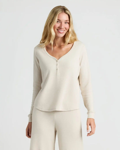 Womens Oatmeal Waffle Long Sleeve Henley & Waffle Leg Pant 2-Pack