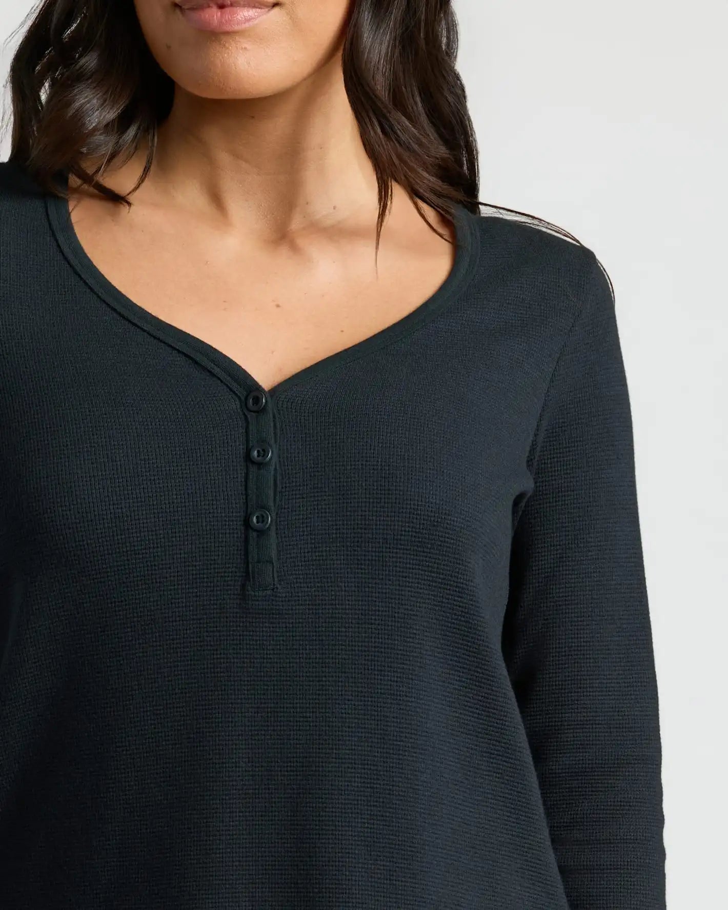 Womens Black Waffle Long Sleeve Henley & Waffle Leg Pant 2-Pack