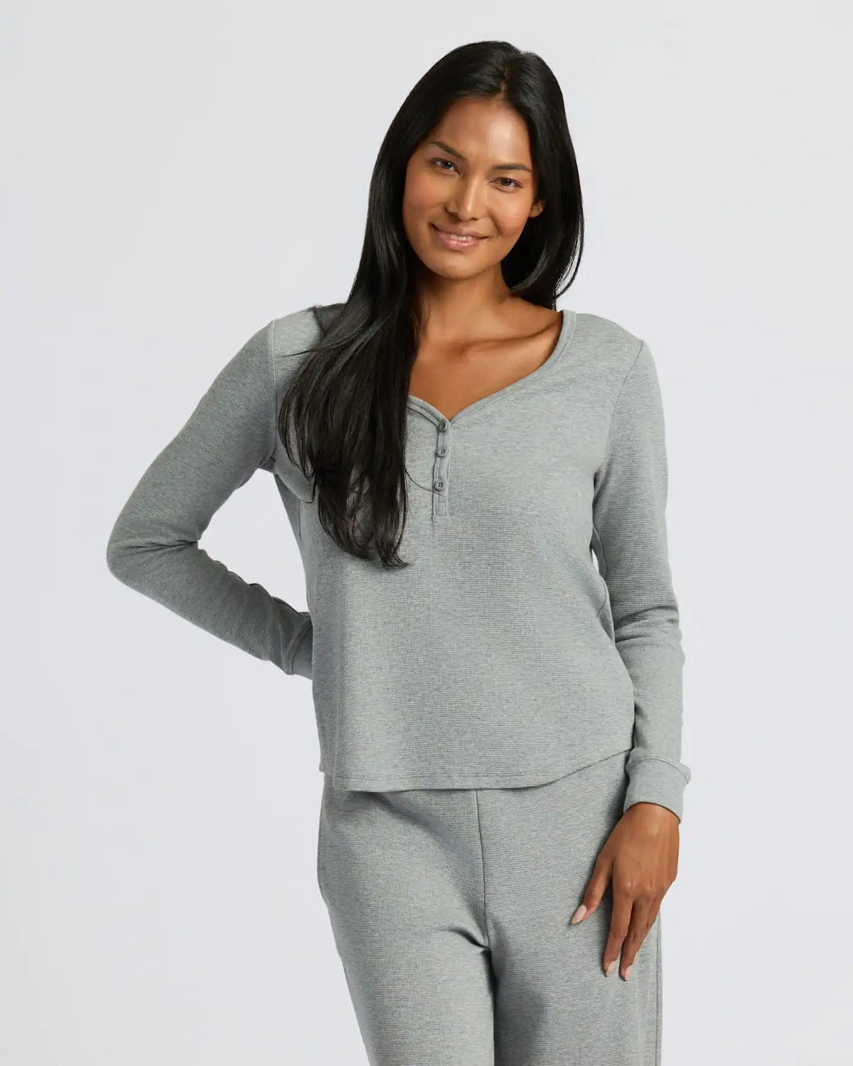 Womens Heather Gray Waffle Long Sleeve Boxy Henley