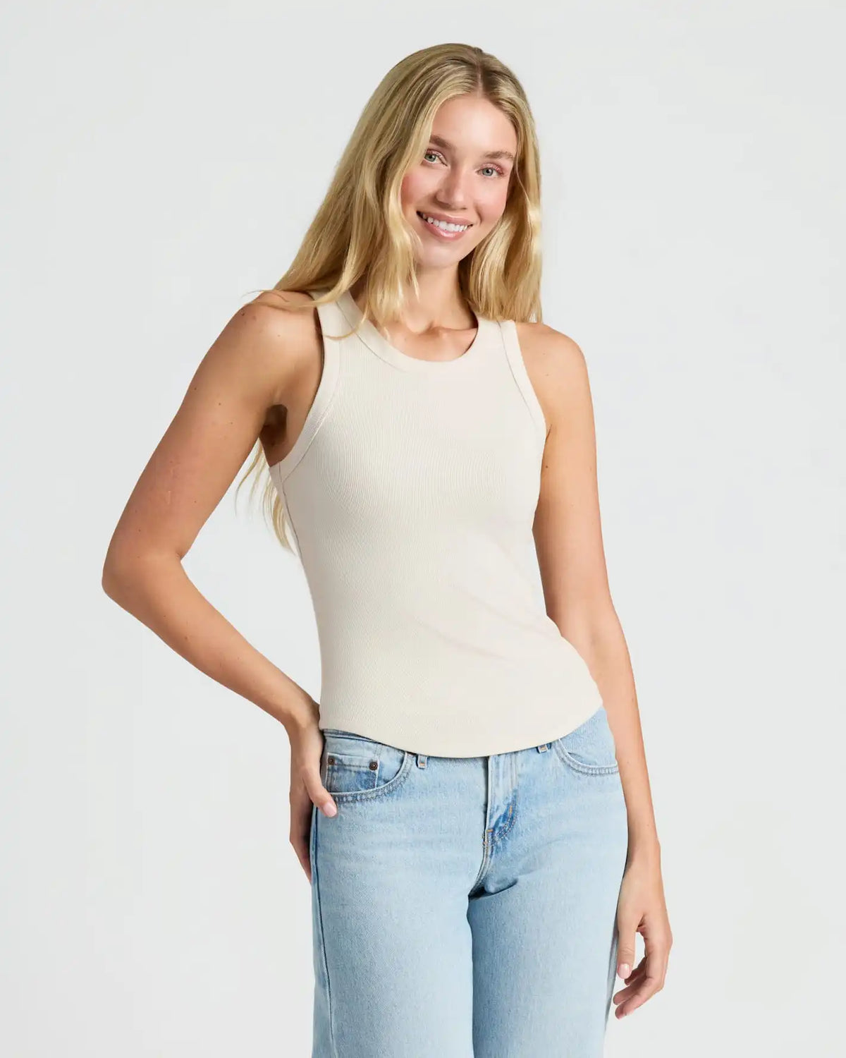 Womens Oatmeal Ribbed High Neck Tank