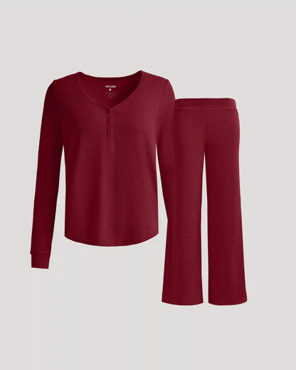 Womens Dark Maroon Waffle Long Sleeve Henley & Waffle Leg Pant 2-Pack