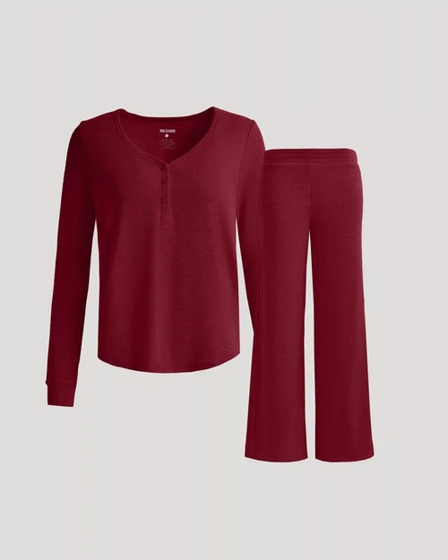 Womens Dark Maroon Waffle Long Sleeve Henley & Waffle Leg Pant 2-Pack